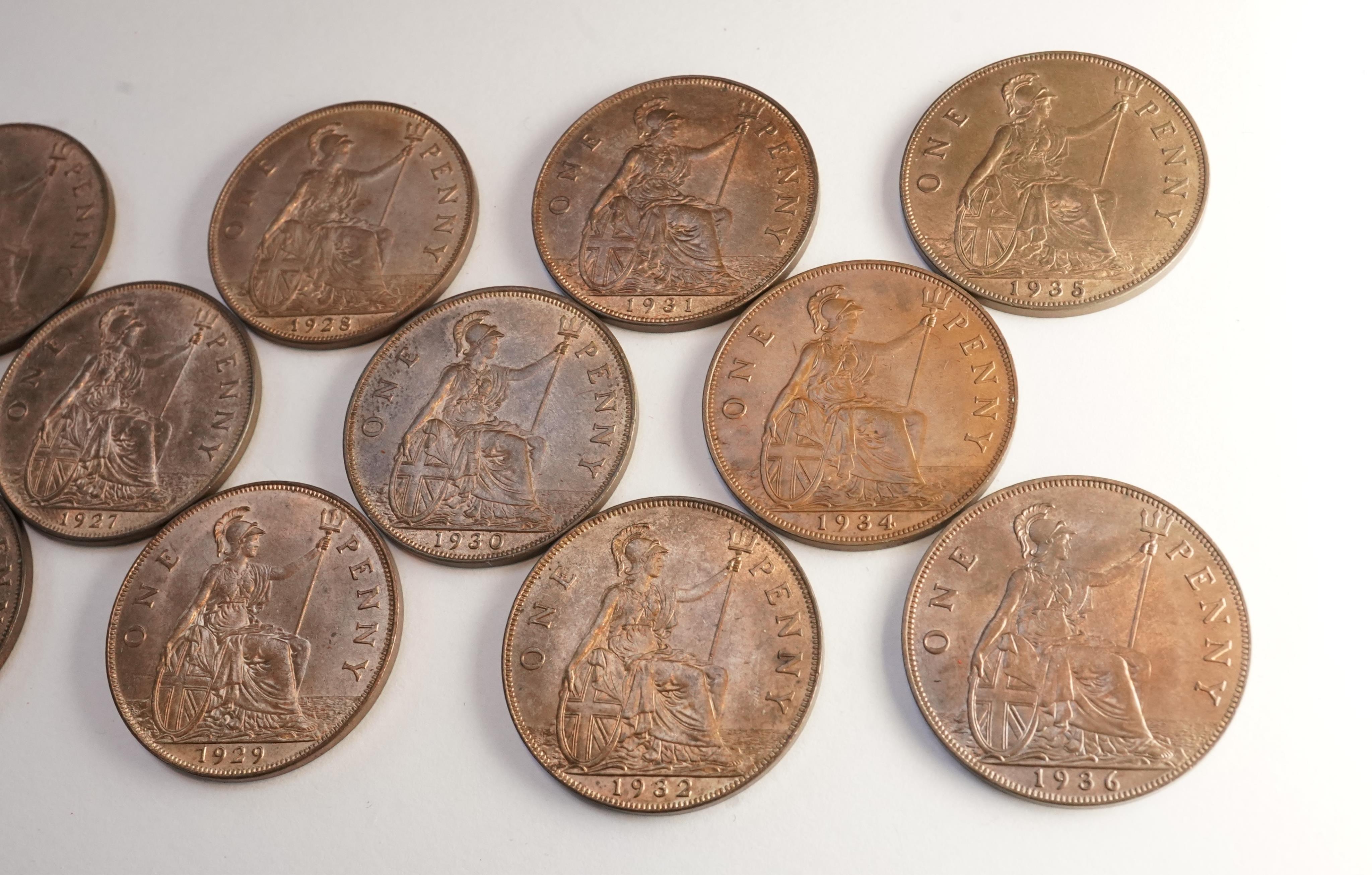 British coins, George V, a date set of thirteen bronze pennies; 1920-1936, excludes 1923, 1924, 1925, 1926 ‘modified head’ and 1933 pennies, good VF to UNC, the majority with lustre, 1934 with original brown toning